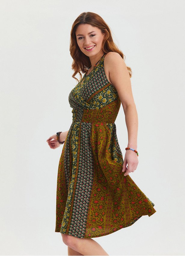 V Neck Robe Green Patterned Midi Dress 4511